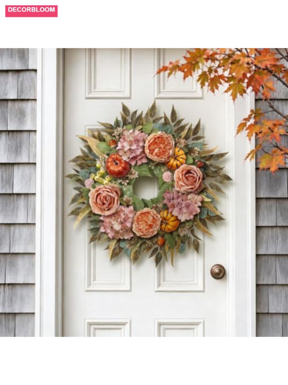 Artificial Hydrangea Pumpkin Fall Wreath for Front Door Decor - Picture 3 of 6